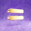 Equals icon. Gold glossy Equals symbol isolated on violet velvet background. Royalty Free Stock Photo