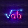 Equation under the root neon sign. Math lesson Light icon. Vector illustration for design. Algebra concept