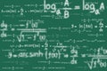 Equations and formulas of logarithms, derivatives, trigonometric, logarithmic, hyperbolic and inverse on green background