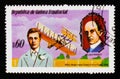 Equatorial Guinea postage stamp shows Edward VIII., Wright Brothers Flyer and W. Wright, circa 1979 Royalty Free Stock Photo