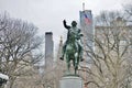 An equestrian bronze statue of George Washington in New York City