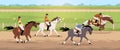 Equestrian competitions. Horse racing, hippodrome sport tournament, professional jockeys wearing helmets on racehorses