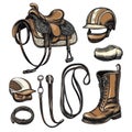 Equestrian Gear Illustration, Saddle, Helmet, Boots, and Reins Royalty Free Stock Photo