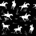 Equestrian horse riding style silhouette seamless pattern. Black and white english fox hunting style. Royalty Free Stock Photo