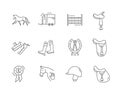 Equestrian icon lined art set. Collection of outlined horse riding icons. Vector illustration on white background.