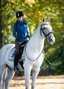 Equestrian lady riding white horseback in autumn alley