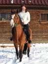Equestrian girl ride her horse at winter morning Royalty Free Stock Photo