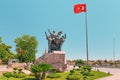 Equestrian monument to Ataturk and the Turkish flag on the flagpole. Patriotism and love for