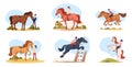 Equestrian riders. Brown black and white domestic horses with riders exact vector cartoon illustration isolated