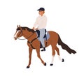 Equestrian riding horse. Happy horseback rider. Equine stroll, walk, horseriding hobby. Horseman on stallion, holding