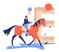 Equestrian sport concept illustration with woman jockey riding horse. Capital letter E on background