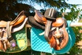 Equestrian sport equipment and accessories hanging on fence