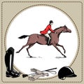 Equestrian sport horse rider in red jacket England steeplechase style.