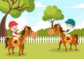 Equestrian Sport Horse Trainer with Kids Riding Horses and Running in Flat Cartoon Hand Drawn Template Illustration