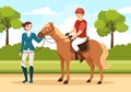 Equestrian Sport Horse Trainer with Training, Riding Lessons and Running Horses in Flat Cartoon Hand Drawn Template Illustration