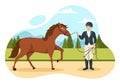 Equestrian Sport Horse Trainer with Training, Riding Lessons and Running Horses in Flat Cartoon Hand Drawn Template Illustration