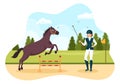 Equestrian Sport Horse Trainer with Training, Riding Lessons and Running Horses in Flat Cartoon Hand Drawn Template Illustration