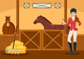 Equestrian Sport Horse Trainer with Training, Riding Lessons and Running Horses in Flat Cartoon Hand Drawn Template Illustration Royalty Free Stock Photo