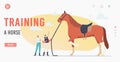 Equestrian Sport and Horse Training Landing Page Template. Tiny Trainer and Jockey near Huge Thoroughbred Stallion Royalty Free Stock Photo