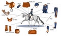 Equestrian sport infographics horse harness and rider equipment in the center of a rider on a horse in cartoon style Royalty Free Stock Photo