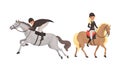 Equestrian Sport Set, Man and Woman Pacticing Horseback Riding Cartoon Style Vector Illustration Royalty Free Stock Photo