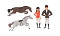 Equestrian Sport Set, Man and Woman Professional Jockeys and Horses Cartoon Style Vector Illustration