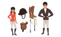 Equestrian Sport Set, Man and Woman Professional Jockeys and Sports Equipment Cartoon Style Vector Illustration Royalty Free Stock Photo