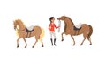Equestrian Sport Set, Woman Professional Jockey and Horses Cartoon Style Vector Illustration Royalty Free Stock Photo
