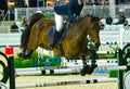 Equestrian Sports, Horse jumping Show Jumping competition Horse Riding themed photo view of female riding chestnut brown horse Royalty Free Stock Photo