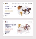 Equestrian Sports Landing Page Templates Set, People Riding Horses, Racing, Dressage, Vaulting Homepage Design Vector