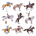 Equestrian Sports Set, People Riding Horses, Racing, Dressage, Vaulting Vector Illustration