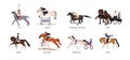 Equestrian sports set. Thoroughbred horse racing, harness riding, dressage, eventing, vaulting. Equine riders activities
