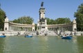 The equestrian statue of Alphonso XII with a colonnade in the park of Buen-Retiro of Madrid. Spain