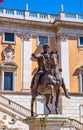 Equestrian Statue of Caesar Marcus Aurelius replica at Piazza Campidoglio square at Capitoline hill in Rome in Italy