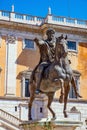 Equestrian Statue of Caesar Marcus Aurelius replica at Piazza Campidoglio square at Capitoline hill in Rome in Italy