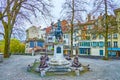 Equestrian statue Erlach-Denkmal with four sitting bears in Ringgepark park in Bern, Switzerland