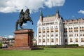 Equestrian statue of Francis II Rakoczi against the background o