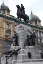 Equestrian statue of King of Poland Wladyslaw II Jagiello (1352-1434) in Matejko Square in Krakow, Poland