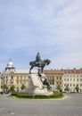 The equestrian Statue of Matei Corvin, also known as Matthias Rex in the center the Unirii (Union) Square in Cluj-Napoca Royalty Free Stock Photo