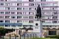 The equestrian statue of Mihai Viteazu in front of the Florin Piersic cinema