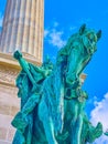 The equestrian statue of one of Hungarian chieftain leader, mounted on the base of the column on Heroes` Square of Budapest, Royalty Free Stock Photo