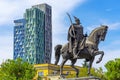 Equestrian statue of Skanderberg in the central square in the capital Tirana in Albania. Royalty Free Stock Photo
