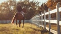Equestrian training at school. A horse rider rides in a paddock surrounded by a white fence