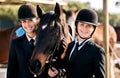 Equestrian women, friends and horse in portrait, smile and outdoor for sports, training and workout for show. Girl team Royalty Free Stock Photo
