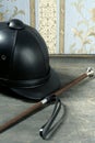 Equiestrian black leather hat still detail Royalty Free Stock Photo