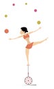 Equilibrist woman on the unicycle juggles balls illustration.