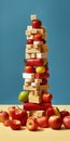 Equilibrium food balance diet concept. Balancing pyramid or tower of fruits. Generative AI