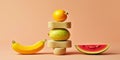 Equilibrium food balance diet concept. Balancing pyramid or tower of fruits. Generative AI