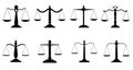 Equilibrium scales. Trading or law scales icons. Lawyers scales, compare symbols, balance and balancing signs isolated