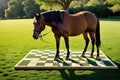 Equine Strategy: Horse Effortlessly Dominates Chessboard on Natural Grass Squares, Late Afternoon Sunlight